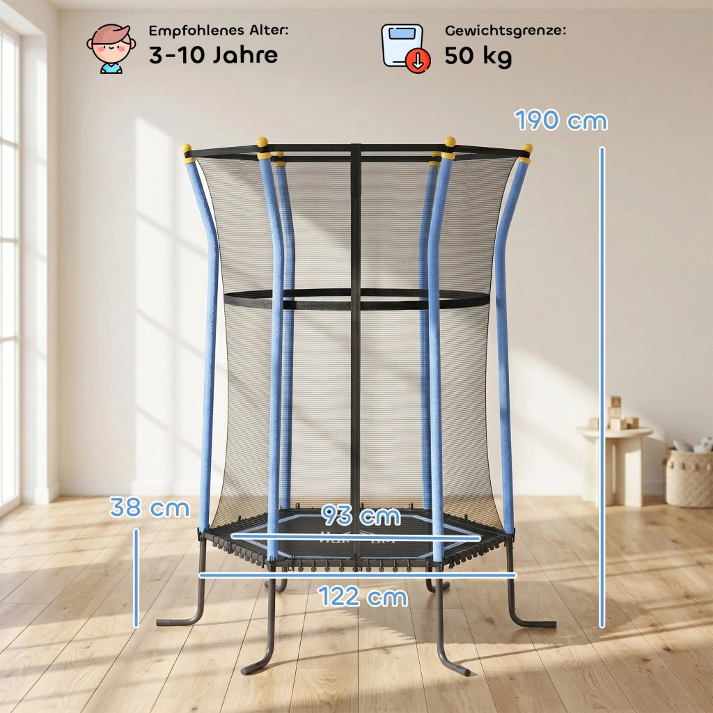 Trampolino per bambini ¨C Xylo ¨C ?163,5 cm con rete di sicurezza, imbottitura, acciaio, portata 50 kg, nero e blu