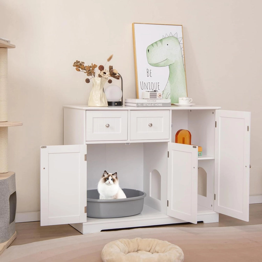 Lettiera Nascosto per Gatti, Mobile Laterale per Gatti con 2 Cassetti, 3 Porte e Dispositivi Anti-Ribaltamento, Armadio Moderno per Animali Domestici, Bianco