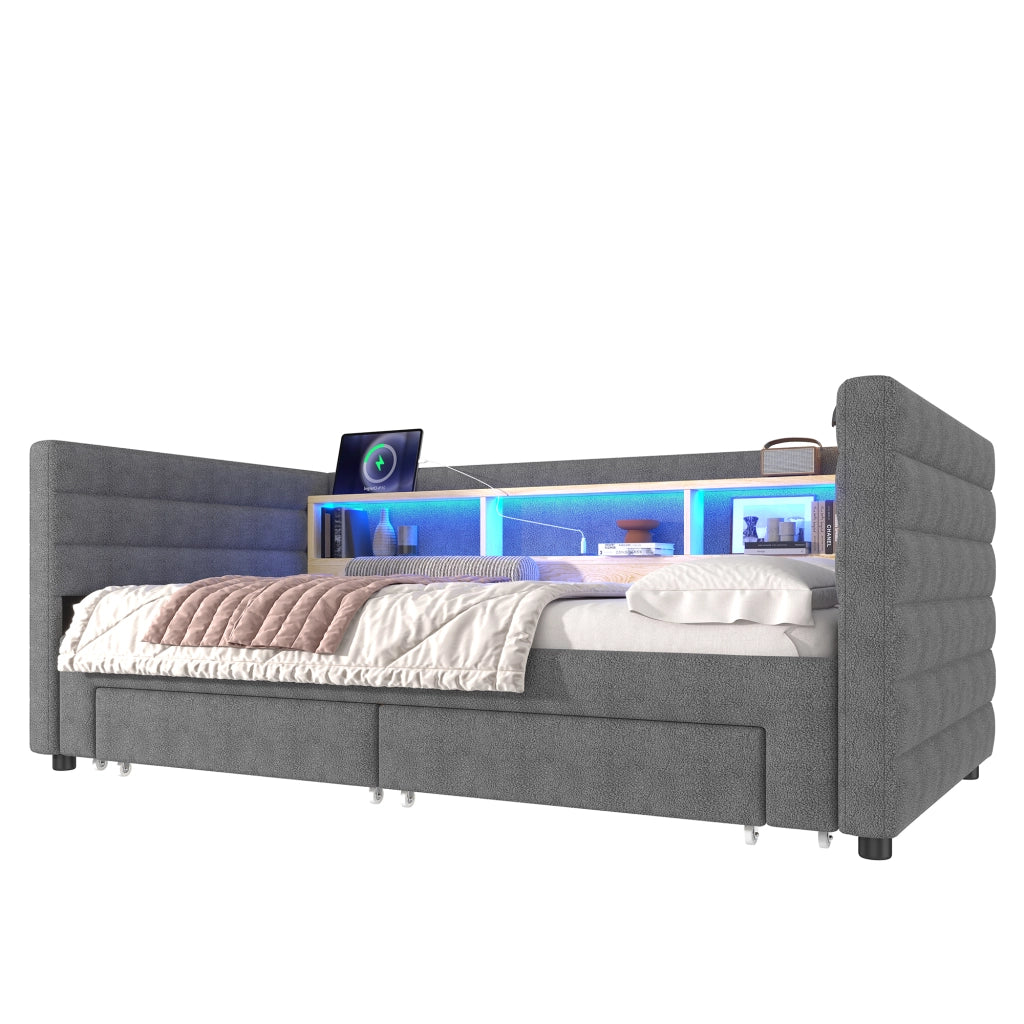 OKWISH Letto a Scomparsa 90×190 cm, Letto Singolo con USB, Tipo C, 2 Cassetti, Vani e LED, senza Materasso, in Velluto, Grigio