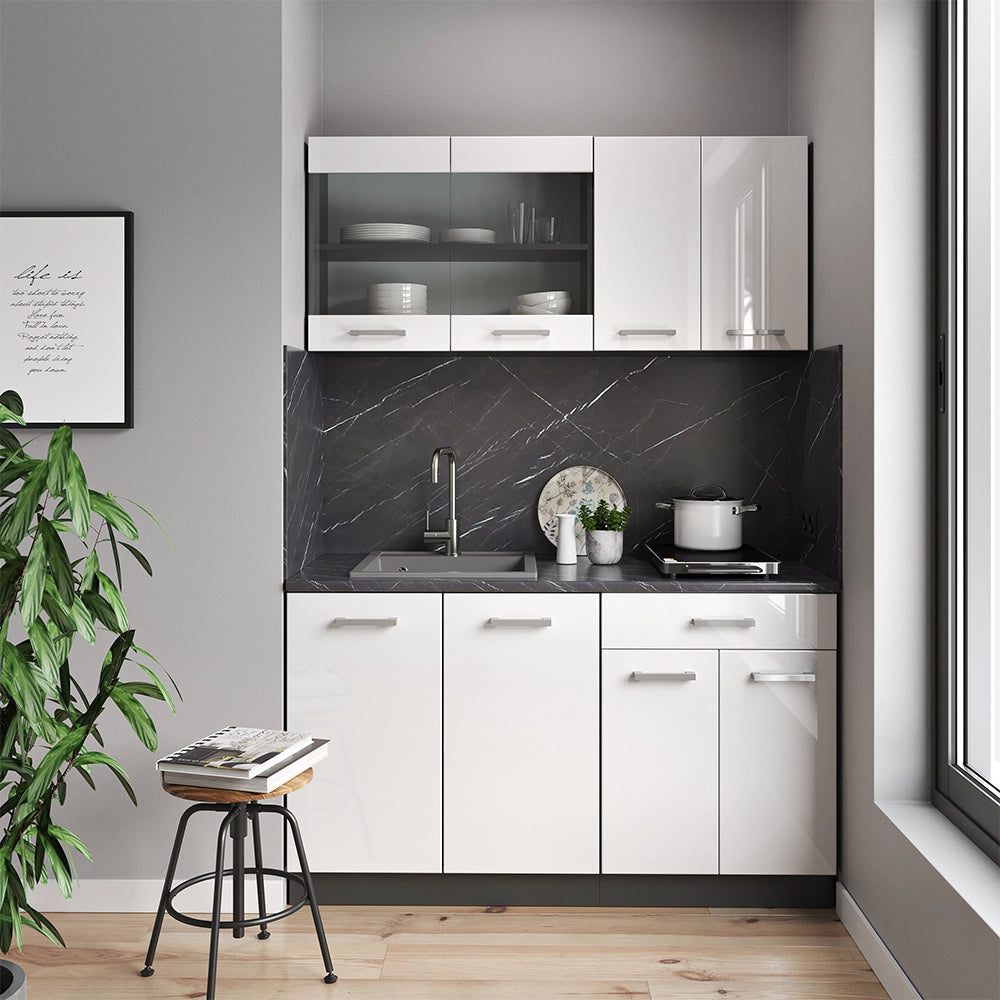 Vicco Cucina monoblocco Bianco lucido/antracite 140 cm , PL Marmo