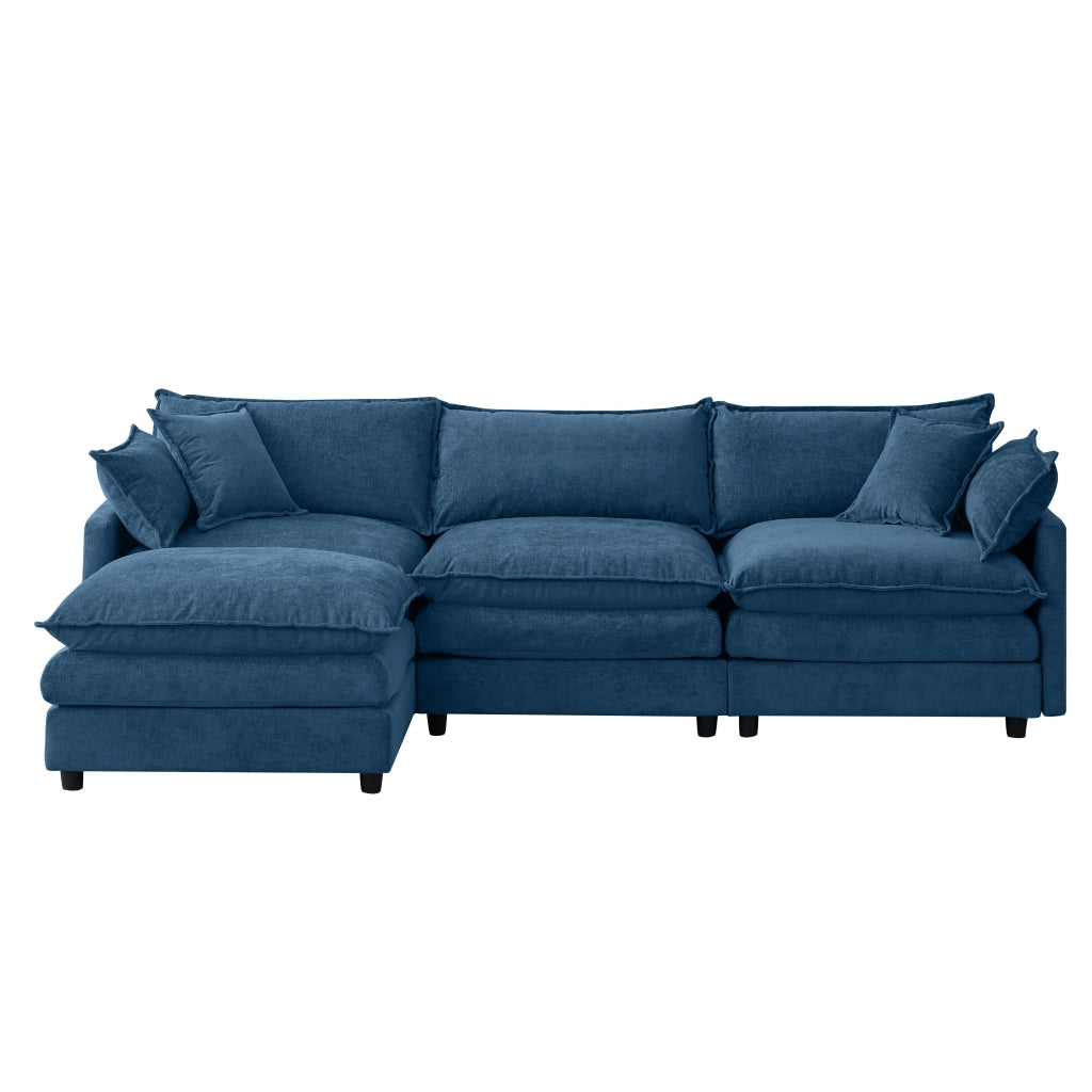 Divano angolare modulare 3 posti con chaise longue e pouf mobile, cuscini sfoderabili, in cheniglia blu