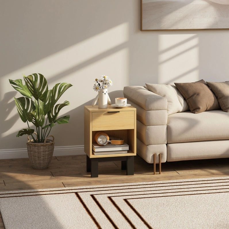 Comodino in rovere con cassetto e vano aperto