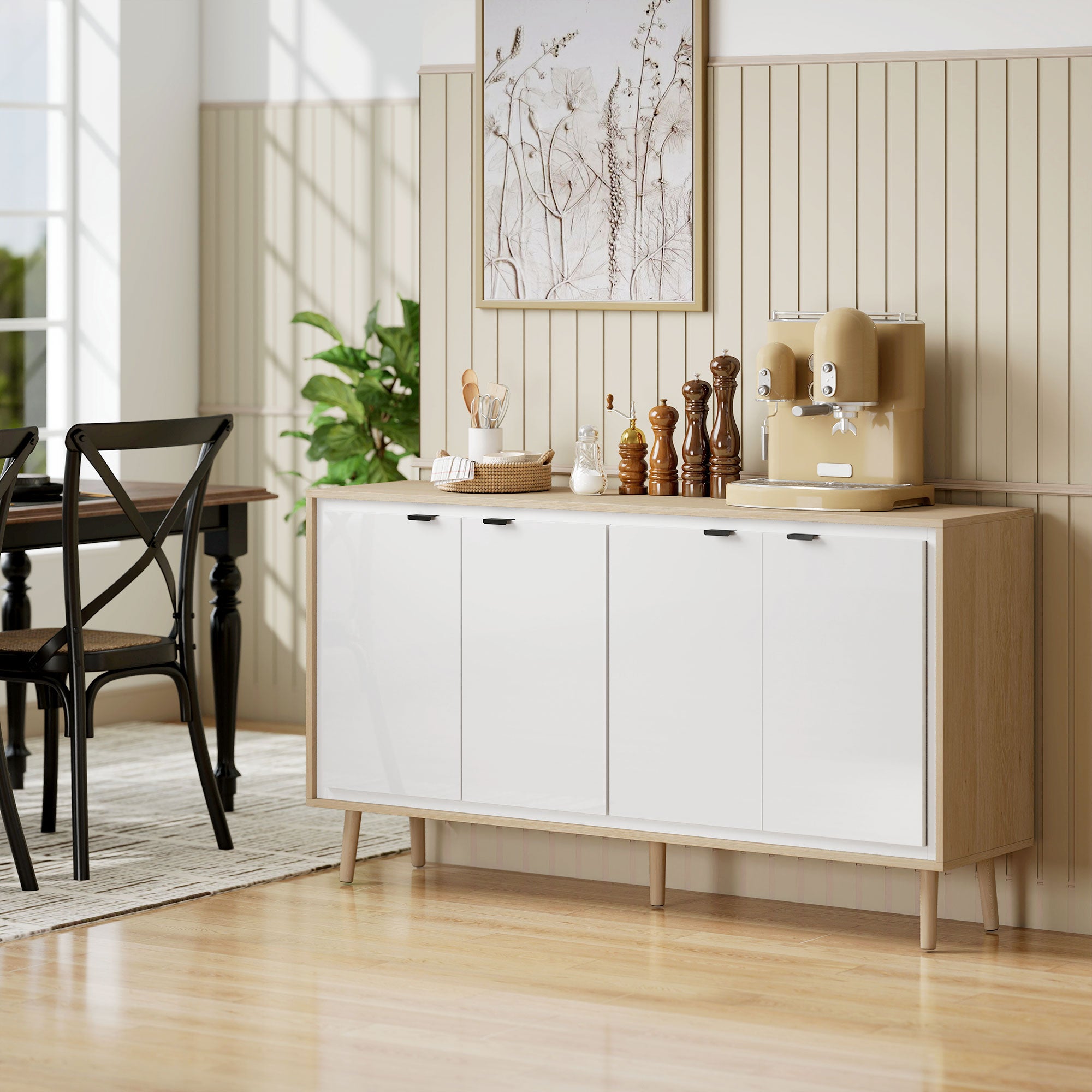 Credenza Moderna 141x35x77 cm a 4 Ante con Ripiano Regolabile Bianco Lucido e Rovere