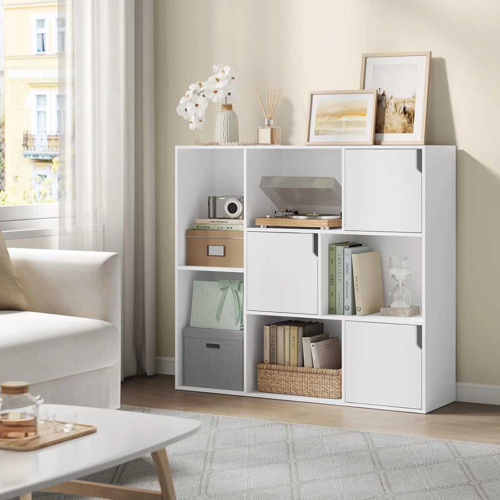 8 Cubo di Stoccaggio, Libreria a 3 Piani con 3 Ante, Scaffale in Piedi Libreria in Legno, Soggiorno Credenza Espositore Cubo Scaffale, per Camera da Letto, Corridoio, Ufficio, Bianco, SK056ws