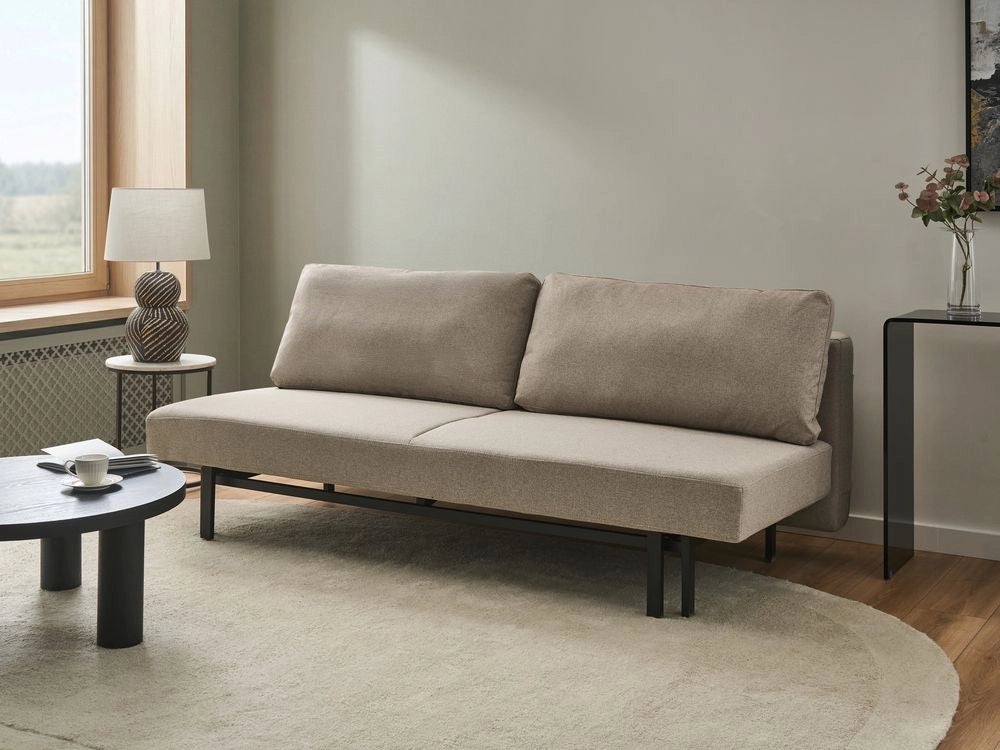 Divano letto beige Rivestimento in tessuto nero Gambe in ferro Funzione letto Cuscini dello schienale senza braccioli con fodere sfoderabili