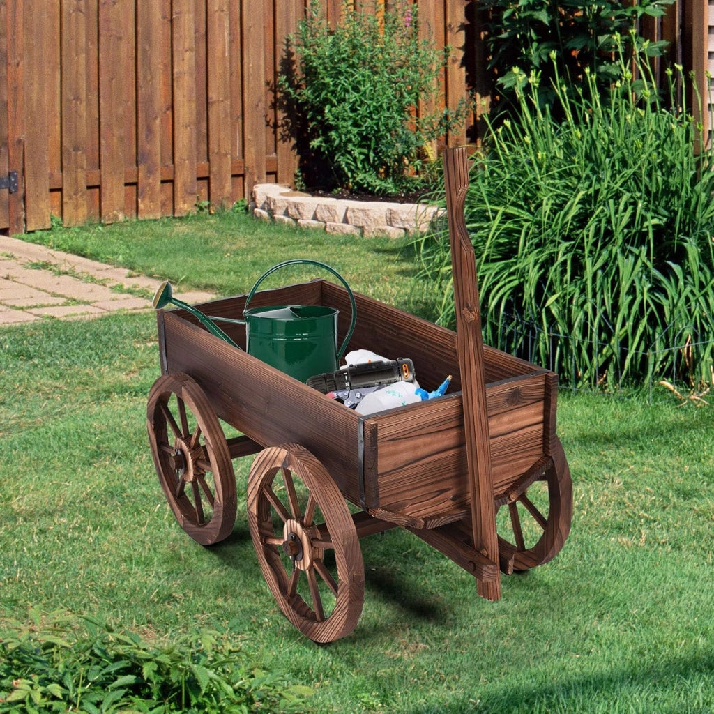 Carrello da giardino in legno di abete con 4 ruote grandi, manico regolabile, ideale per giardinaggio esterno, 120 x 43 x 54 cm, marrone