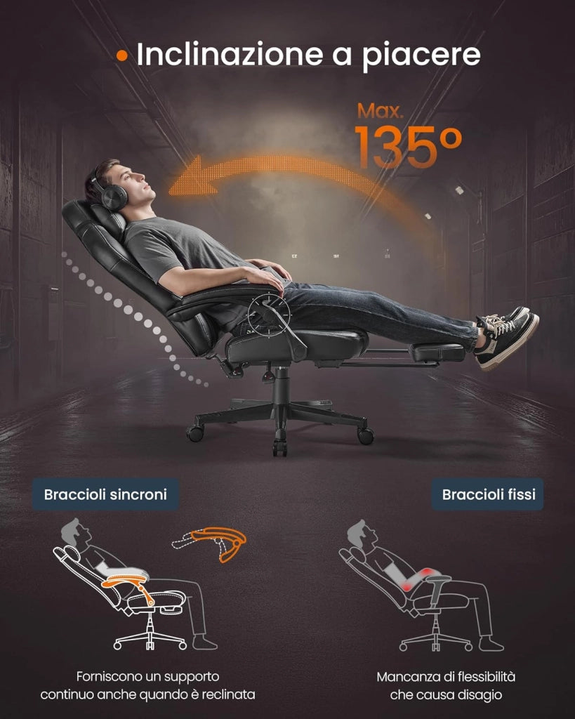 Sedia da Gaming Ergonomica per Computer Con Poggiapiedi e Poggiatesta, Pelle Sintetica, Altezza Regolabile, Nero Inchiostro OBG072B01