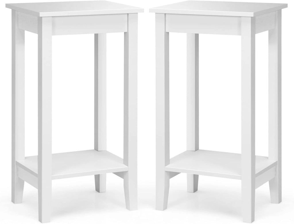 Set di 2 tavolini da divano con scaffale, comodino a 2 livelli, tavolino da salotto, comodino, in legno, rettangolare, semplice, per telefono, per piante, in legno (bianco, set da 2)