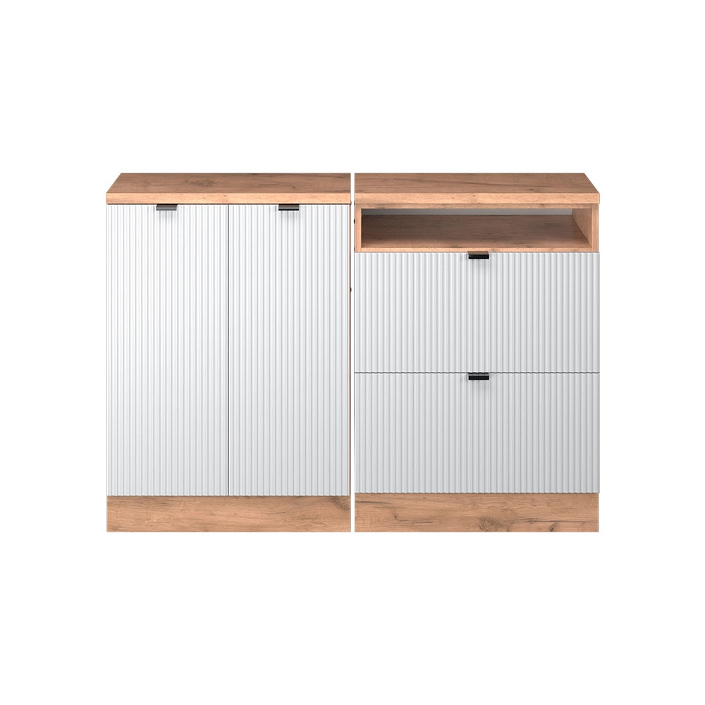 Set di mobili sottotetto Rion Ondulazione bianca/Rovere dorato 120 cm Set di 2 carcasse armadio profondità 60 cm Vicco