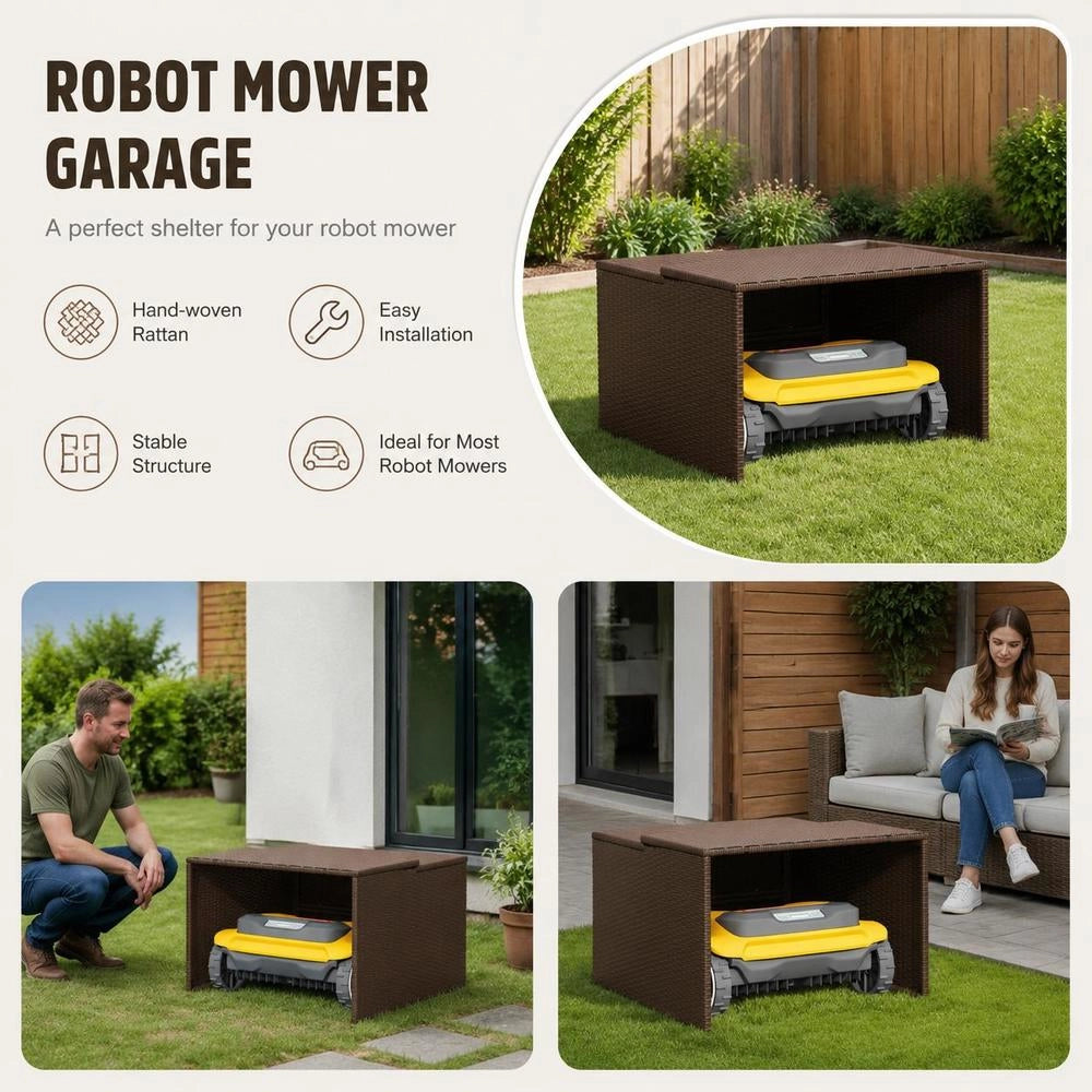 Robotic Lawnmower Garage, Brown, 86x90x52/57 Cm, Poly Rattan