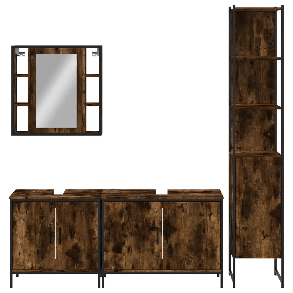 Set Mobili da Bagno | Armadio da bagno 4 pz Rovere Fumo in Legno Multistrato