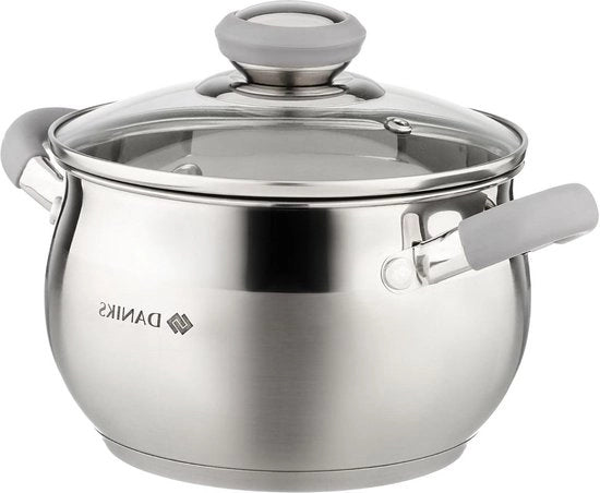 Padella in Acciaio Inox 2L Ø 16 cm - Pentola a Induzione con Coperchio in Vetro e Maniglia in Gomma - Design Moderno - Indicazione della Dimensione Interna