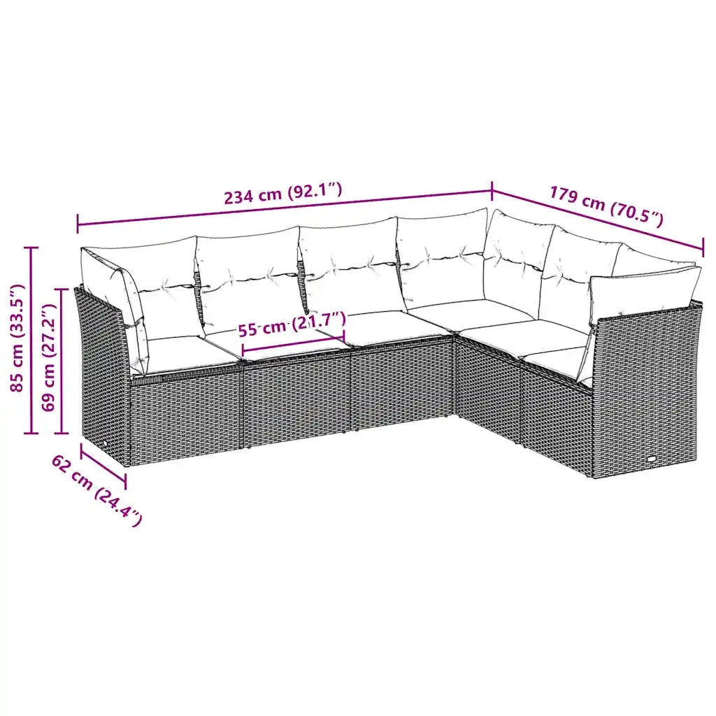 Set Divano da Giardino 6pz con Cuscini Grigio Chiaro Polyrattan