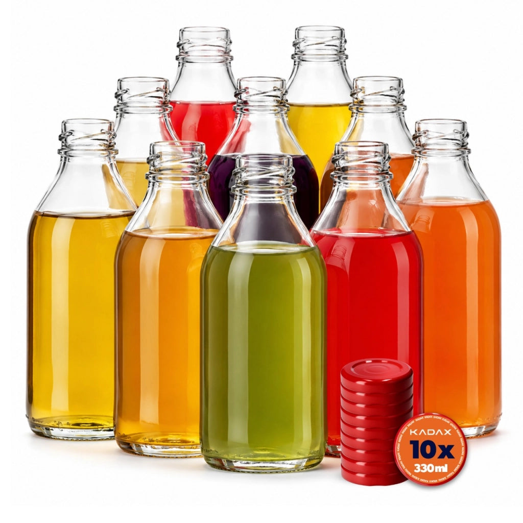 Bottiglia in vetro KADAX da 330 ml, bottiglie per vino, liquori, distillati clandestini, tappi Kubuś (10 pezzi).