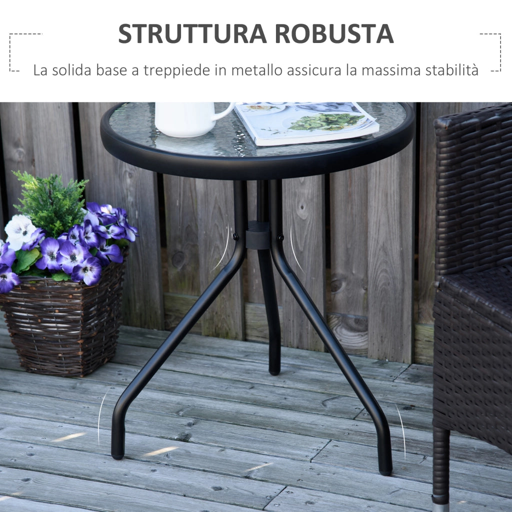 Tavolino da Giardino Rotondo con Ripiano in Vetro e Struttura in Metallo, ¦µ50x55cm, Nero
