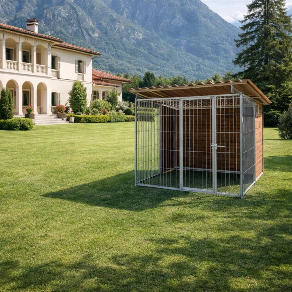 Box per cani da esterno coperto e retro in legno zincatura a caldo da 200x300xh180 cm