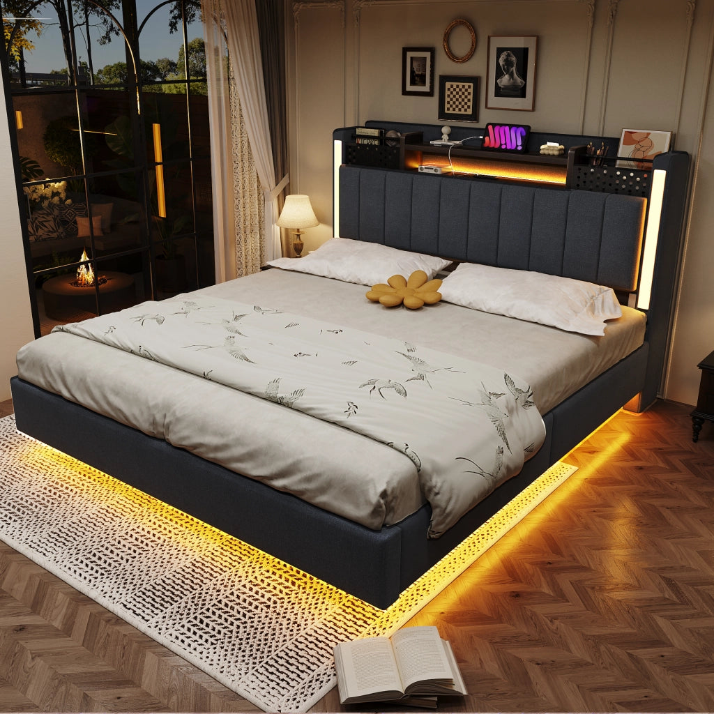 DESMIU Letto Matrimoniale 2 Posti con USB, LED, Vani e Ripiani 140 × 200 cm, Senza Materasso, Grigio