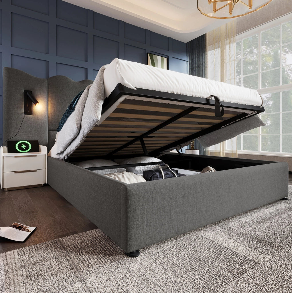 Letto matrimoniale 180x200 cm contenitore con USB-C e lampade