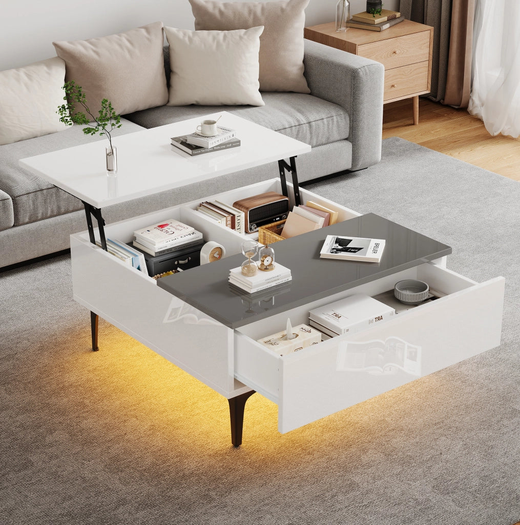 Tavolino da caffè sollevabile 70x70x35 cm con LED; ripiani interni e cassetto; bianco e grigio