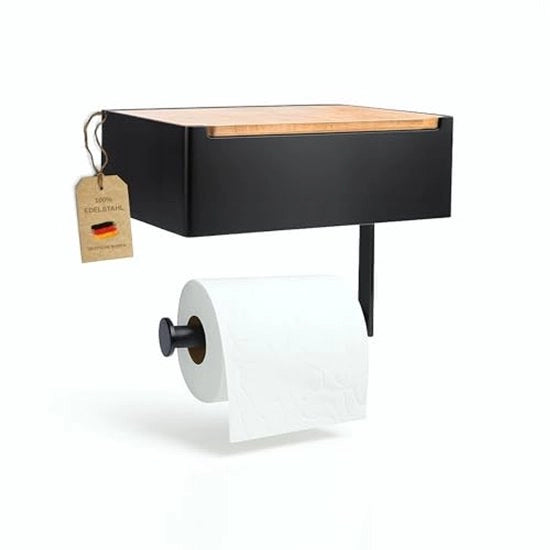 Supporto per carta igienica in acciaio inossidabile e bambù - contenitore per carta igienica umida - supporto per carta igienica senza perforazione - [nero] - supporto per carta igienica con contenitore per carta igienica umida