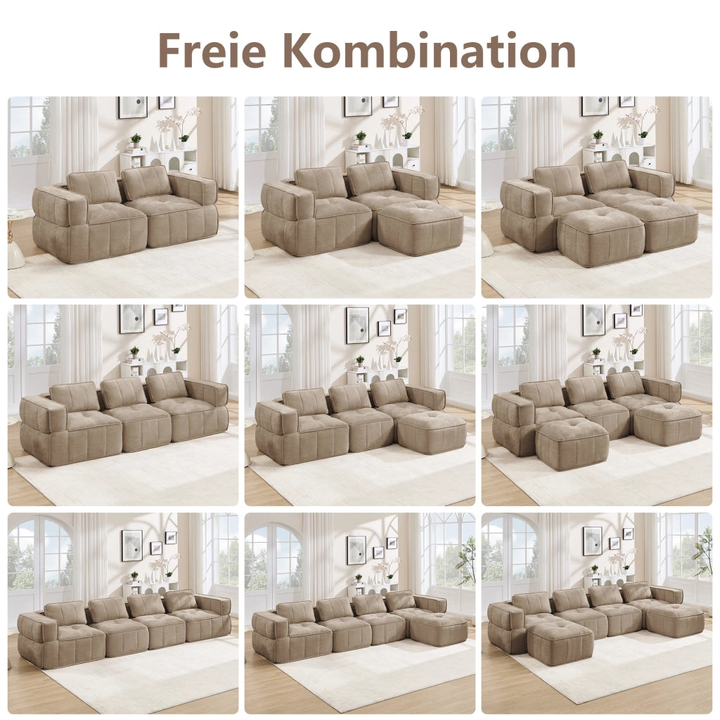 Divano angolare modulare a 2 posti senza struttura con pouf e seduta profonda in poliestere sabbia 198 × 162 × 67 cm