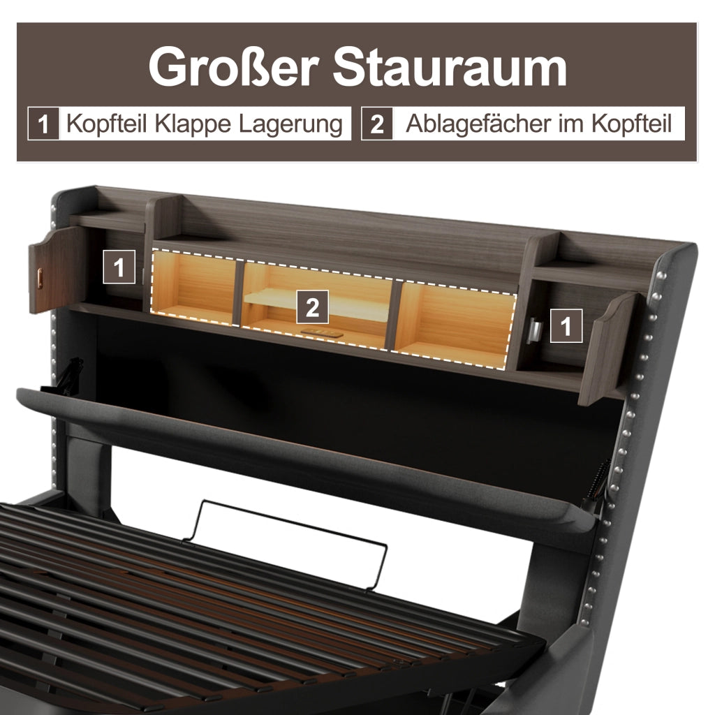 Letto Contenitore 160x200 cm con vano idraulico; USB; Type-C e LED; in Lino Grigio