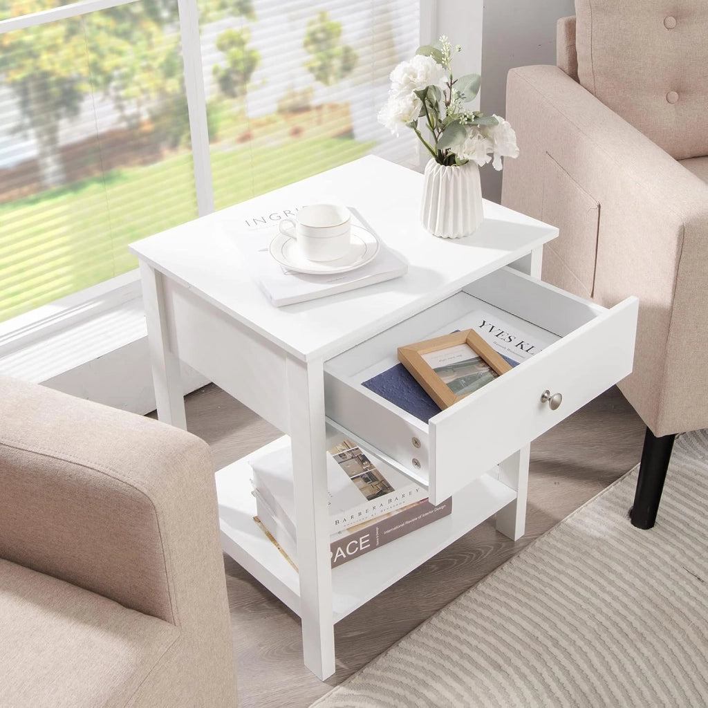 Comodino con cassetto, tavolino in legno, stile moderno, comodino a 2 livelli, con ripiano aperto, per camera da letto, soggiorno, 48 x 40 x 58 cm (bianco x 2)
