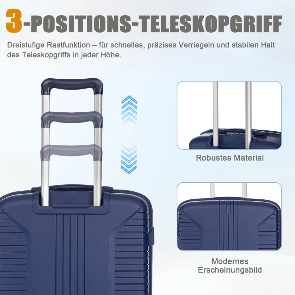 Set di 3 valigie rigide con ruote girevoli a 360 gradi manici laterali ganci e chiusura a combinazione blu