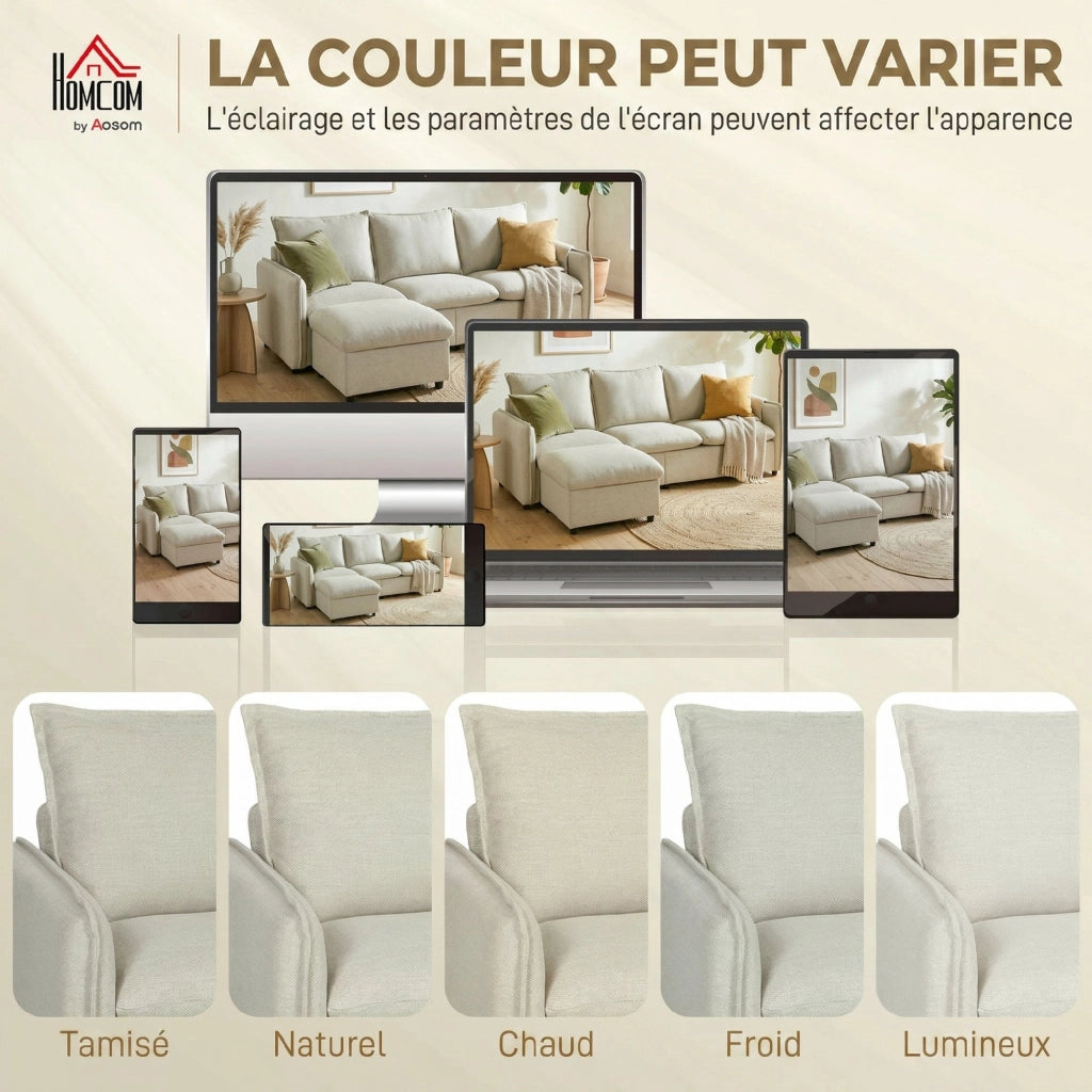 Divano Angolare 3 Posti con Pouf Contenitore ¨C Zephmum ¨C Tessuto Lino, Cr¨¨ma, 212 cm