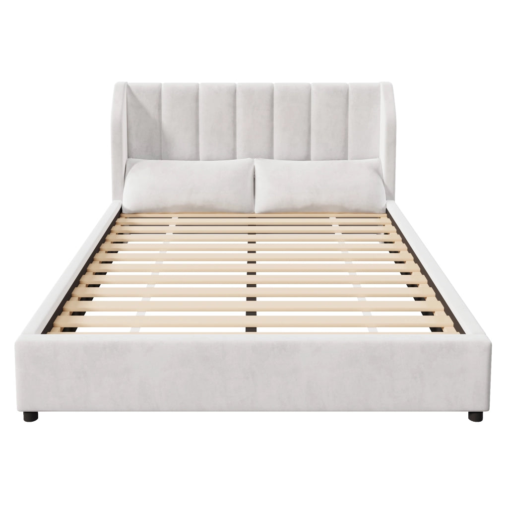 Letto imbottito beige 140x200 con rete a doghe e testiera trapuntata
