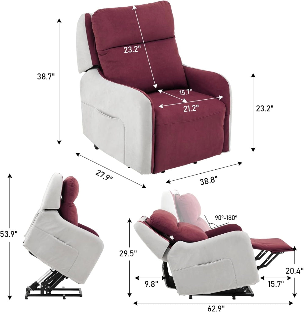 Poltrona massaggiante elettrica con Power Lift con funzione di massaggio SL, poltrona relax con telecomando con porta USB per anziani, schienale rimovibile, tessuto rosso