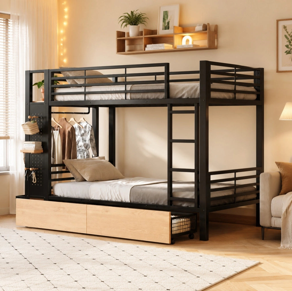 Letto a castello 90 x 200 cm in metallo e MDF con 4 cassetti e LED
