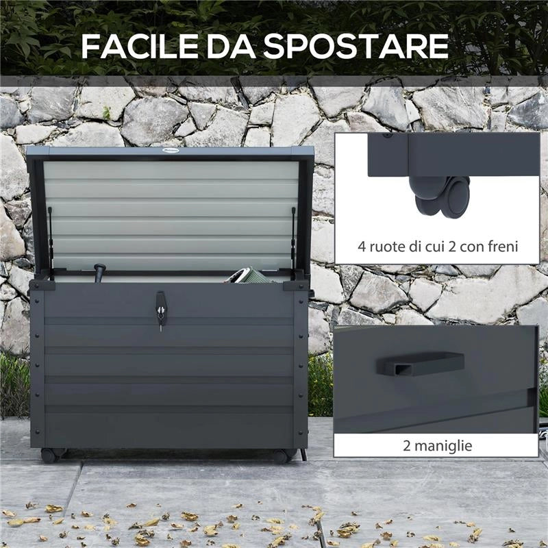 BAULE DA ESTERNO DA 295L CON SERRATURA E 2 MANIGLIE IN ACCIAIO ZINCATO 100X62X65 CM GRIGIO SCURO