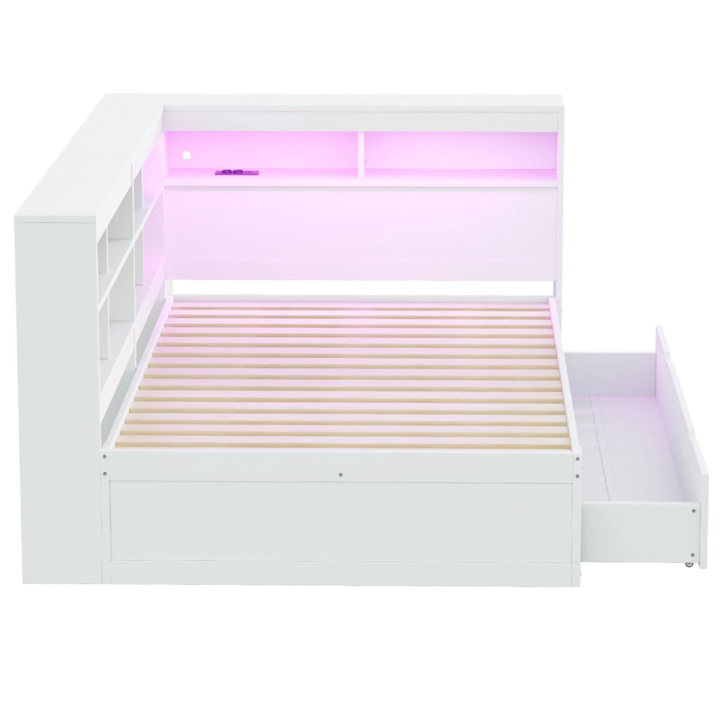 Letto matrimoniale multifunzione 140x200 cm bianco con contenitore, USB e LED