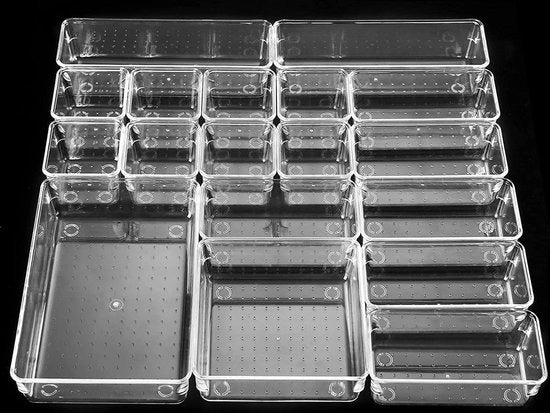18 contenitori di plastica per archiviazione per ufficio, organizzatore di makeup, organizzatore di cassetti, sistema di archiviazione, cassettiera trasparente per scrivania, cucina, bagno