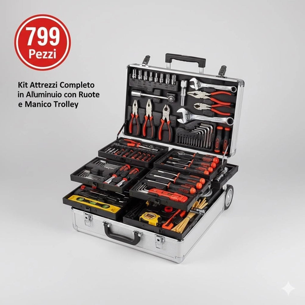 Trade Shop - Kit Attrezzi Valigetta Professionale 799pz Trolley Alluminio Con Ruote Completo Fai Da Te -