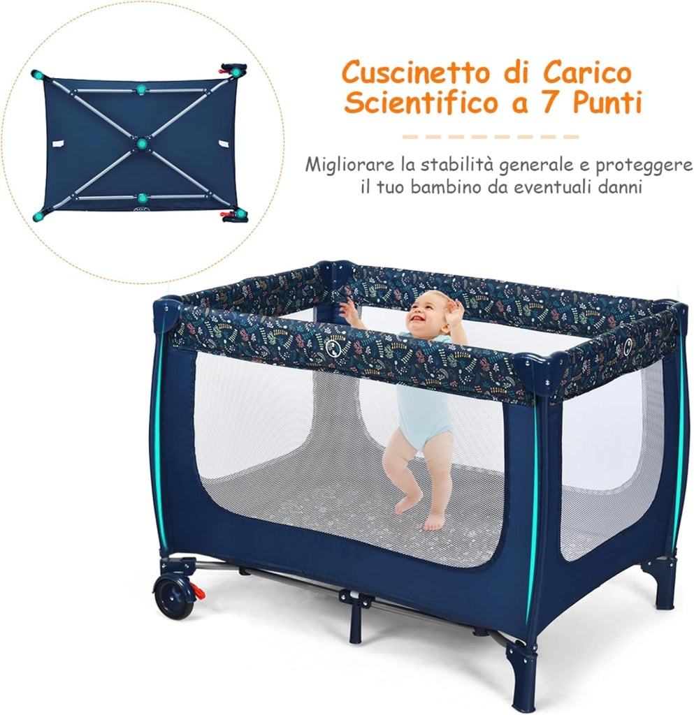 Lettino da Campeggio con Materasso, Lettino per Bambini Pieghevole, Culla da Viaggio Portatile con 2 Ruote, Per Bambini 0-36 Mesi, 125 x 65 x 76 cm (Blu)