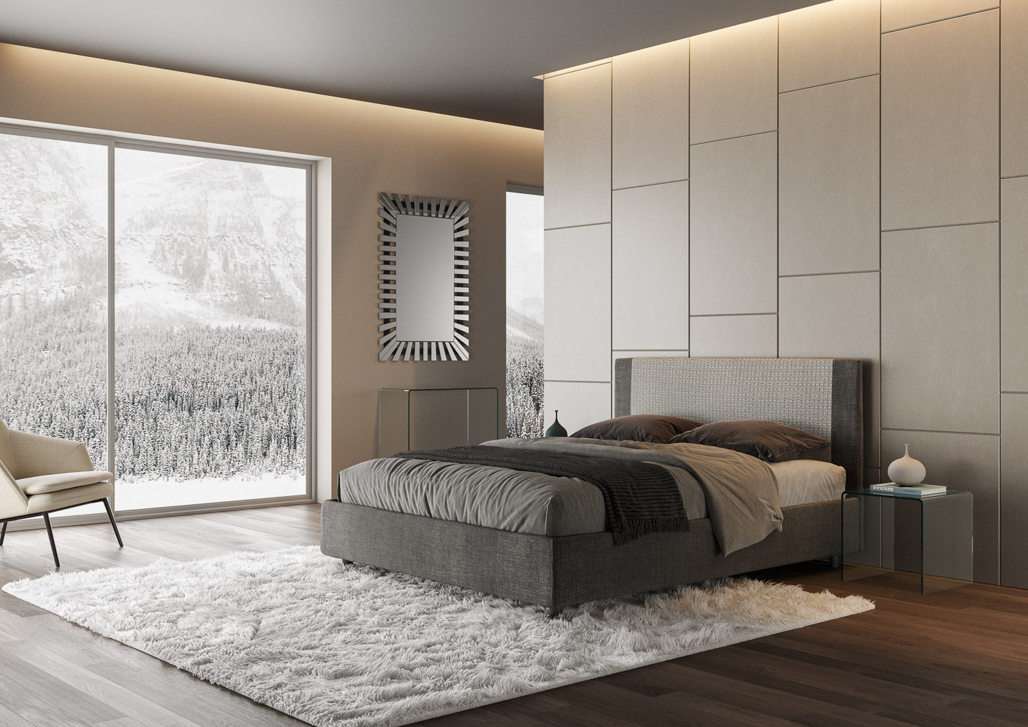 Letto Matrimoniale 160x210 cm con Rete e Contenitore con Testata e Alzata Comoda Imbottito in Tessuto Labirinto Rosal