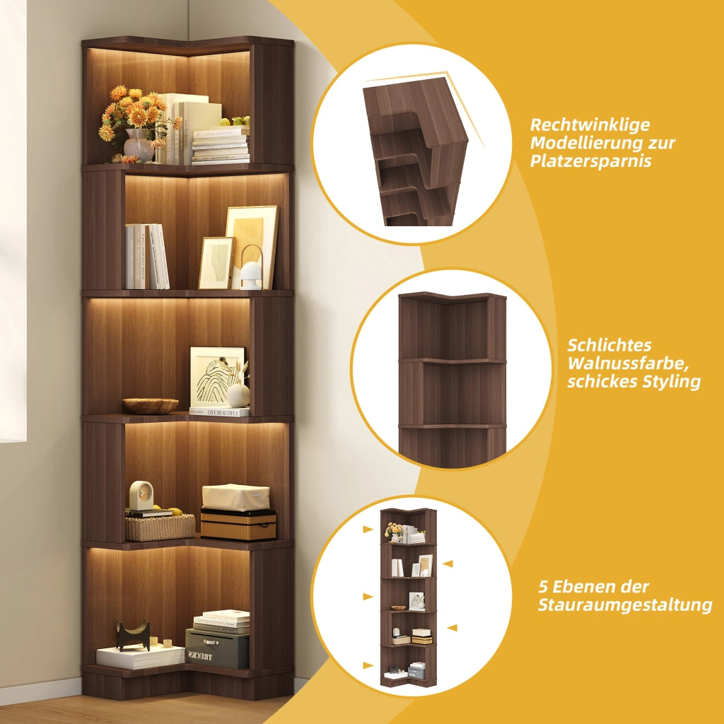 Libreria angolare con 5 ripiani e LED a colore variabile; design a L per studio; 63.5×45×175 cm; marrone