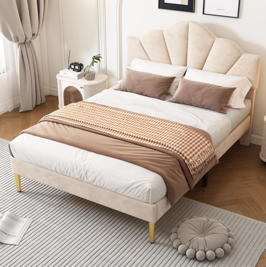 Letto matrimoniale imbottito 140x190 cm in velluto beige