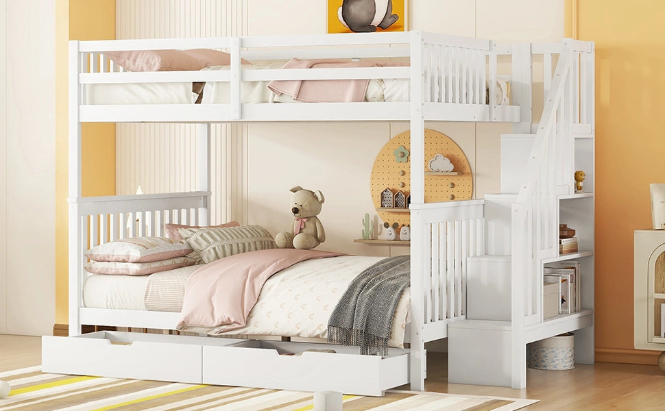 DESMIU Letto a castello 140 × 200 cm 2 posti con 2 cassetti, scaffali sulla scala e senza materasso, bianco
