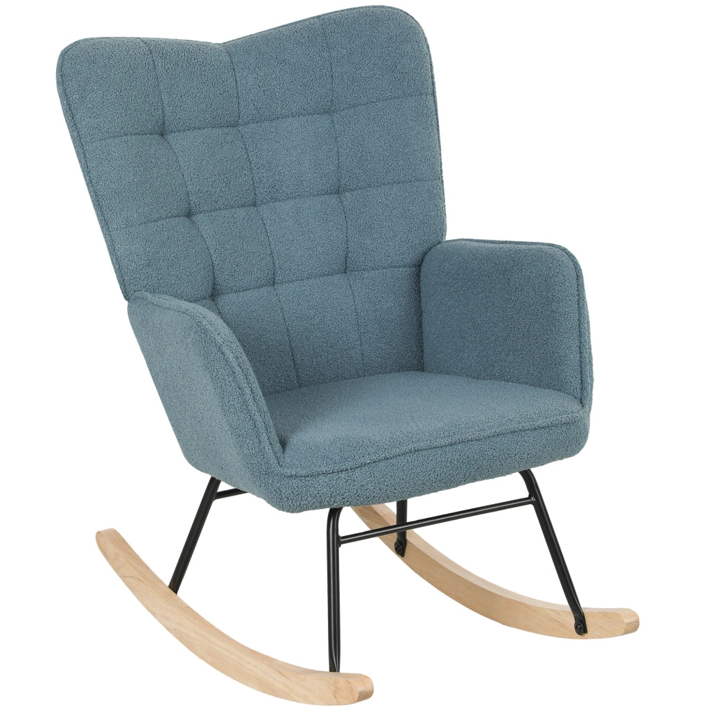 Sedia a dondolo relax con schienale alto braccioli e base in legno per soggiorno e camera da letto in poliestere azzurro