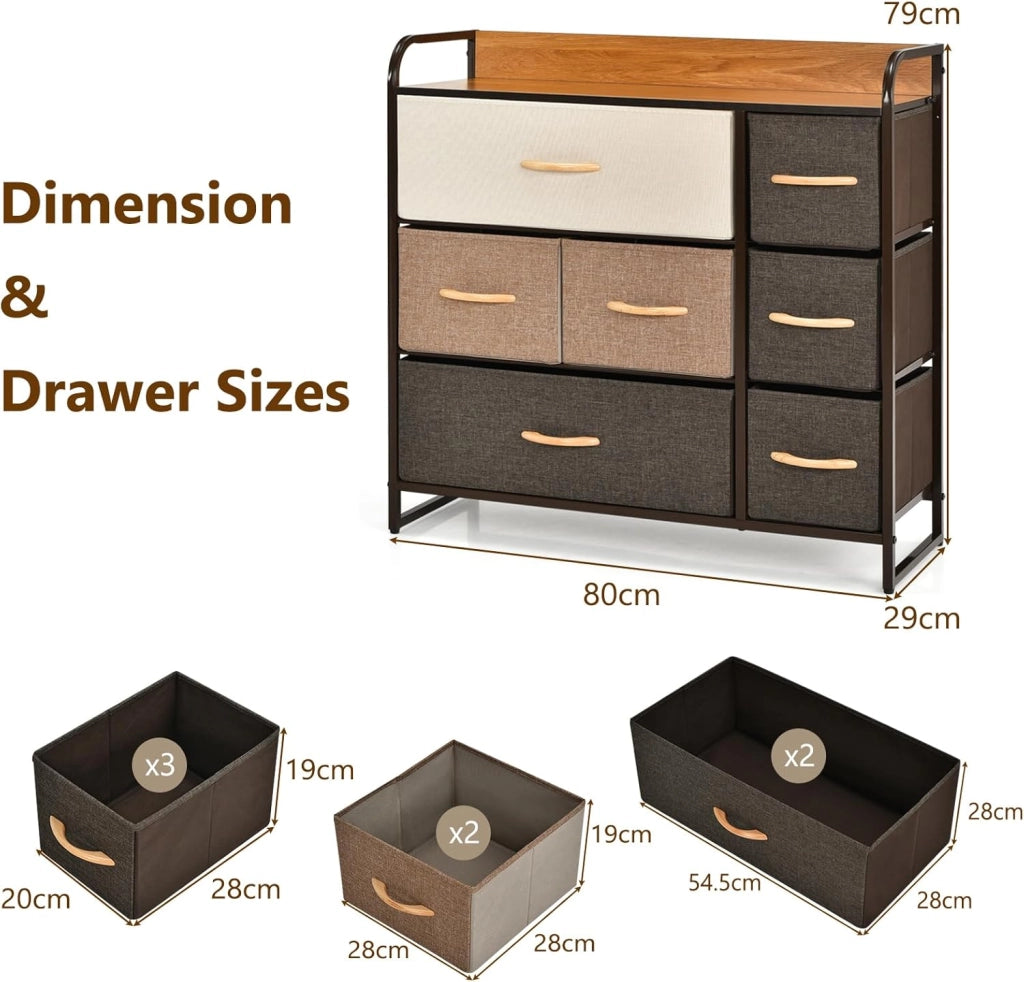 Cassettiera con 7 cassetti in tessuto pieghevole, armadio portaoggetti con gambe regolabili, mobile portaoggetti con cassetti di 3 dimensioni, tonalità marrone generale, 80 x 29 x 79 cm