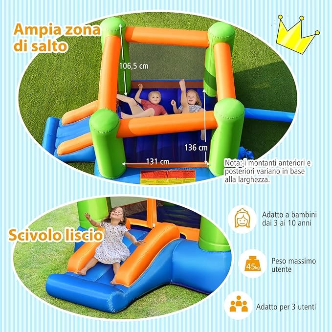 Castello Gonfiabile Per Bambini, Casa Gonfiabile con Grande Area per Saltare e Scivolo, Con Borsa di Trasporto e Kit Riparazione, Ideale Per 3 Bambini 3-10 Anni (Senza soffiatore)