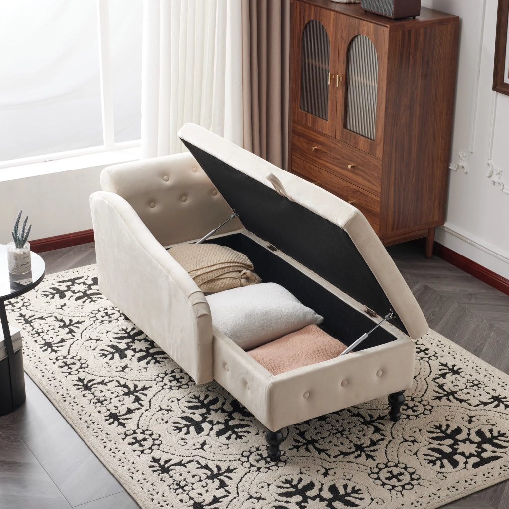 Chaise longue con contenitore in velluto con cuscino e bracciolo destro beige per salotto interno 144 × 62 × 69 cm