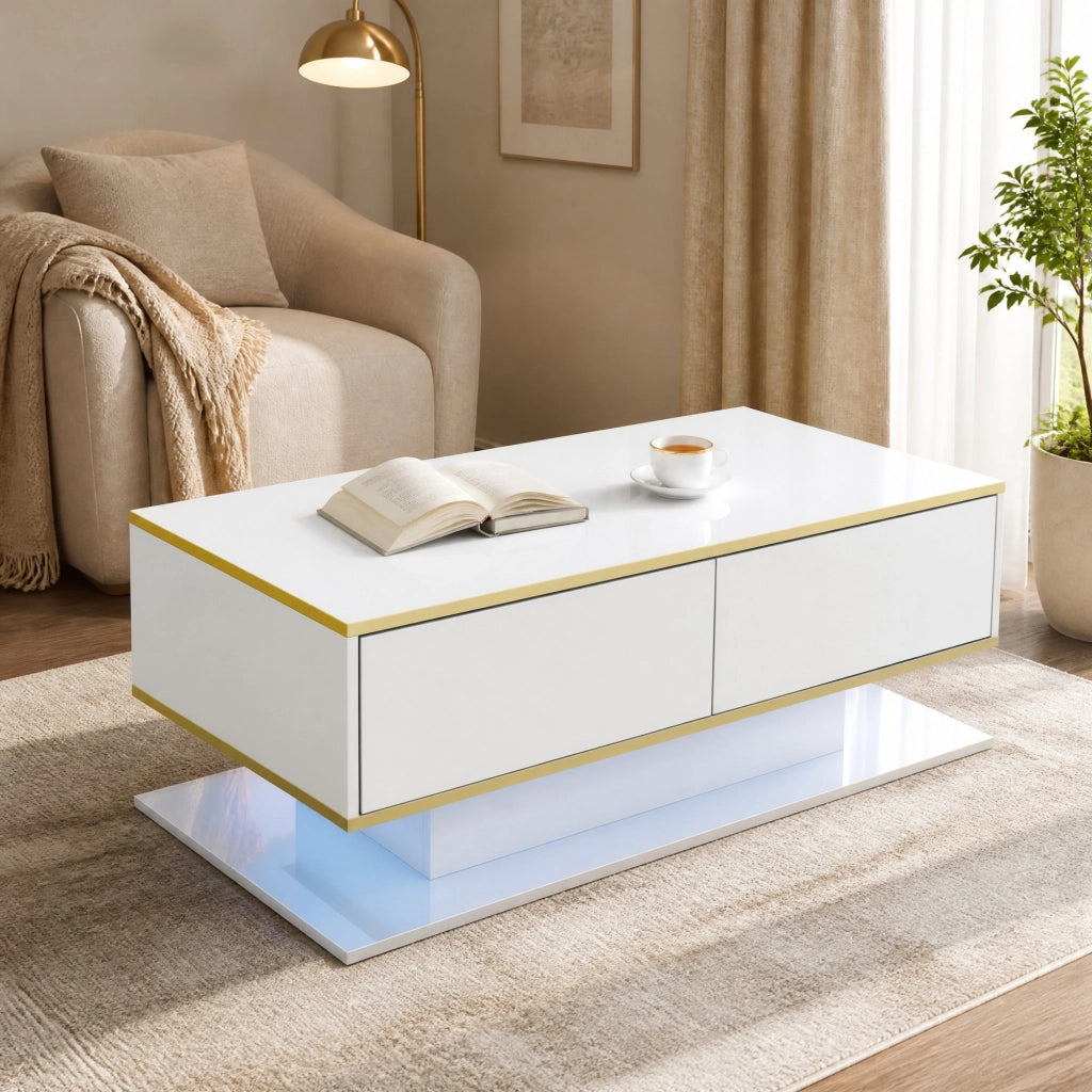 Tavolino da caffè con LED e 3 cassetti 100x50x40 cm in truciolare bianco con dettagli oro
