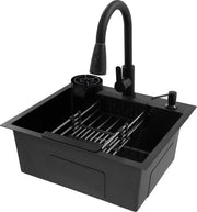 Lavabo - Rubinetto Estensibile - Dispensatore di Detersivo - Maniglione Antiscivolo - Bacino di Scarico in Acciaio Inossidabile Nero