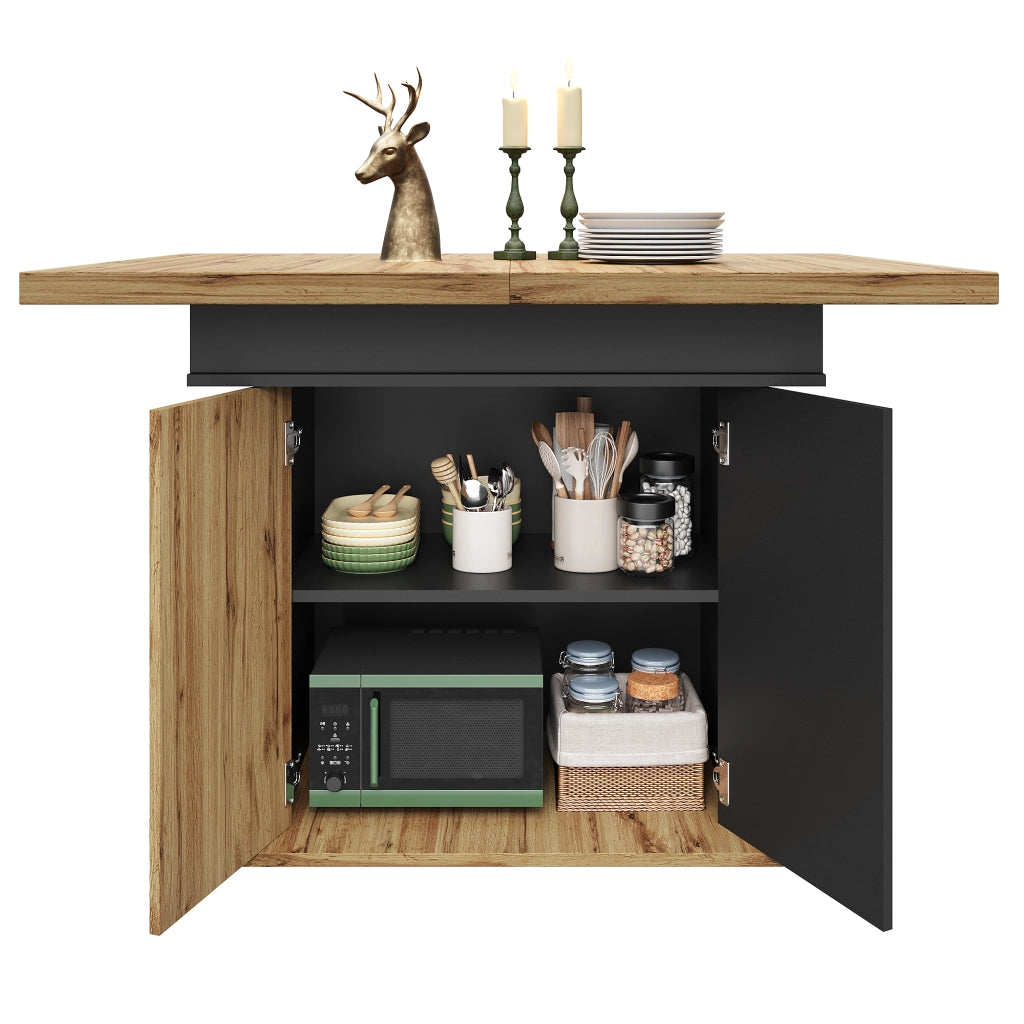 Tavolo allungabile con vano contenitore e ripiani regolabili, in MDF, nero e naturale, 110-140 × 80 × 75 cm