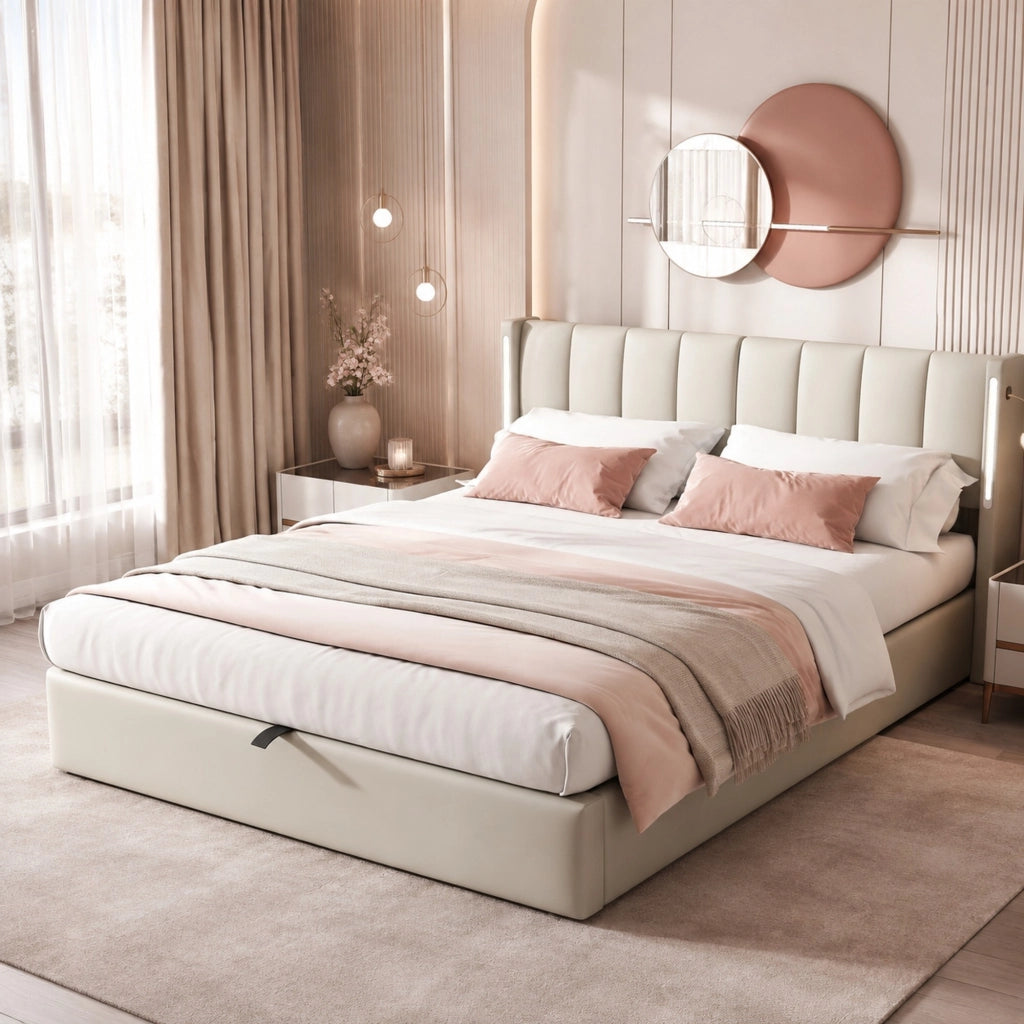Letto imbottito 140x190 cm con LED, USB Type-C, testiera regolabile, PU grigio