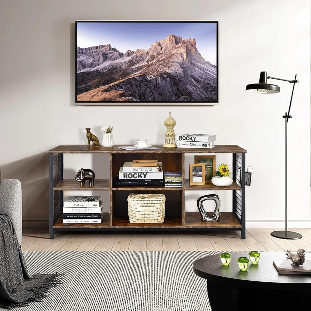 Mobile TV, mobile TV, mobile TV, supporto per TV fino a 65 pollici, cassettiera bassa, in legno con scomparti aperti e cestino portaoggetti, mensola TV industriale 140 x 40 x 63 cm